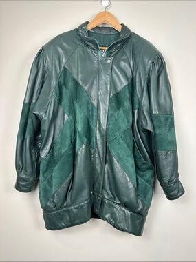 Vintage The Old Mill Green Leather Jacket suede patchwork Canada statement